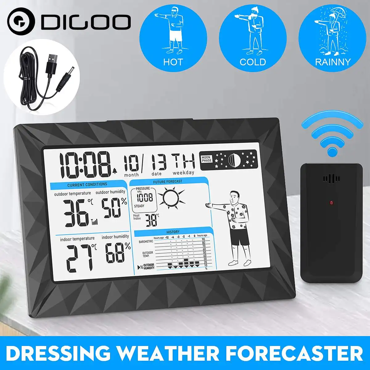 

DIGOO LCD Weather Station Outdoor Indoor Thermometer Humidity Forecast Barometer Snooze Alarm Clock Sunrise Sunset Calendar