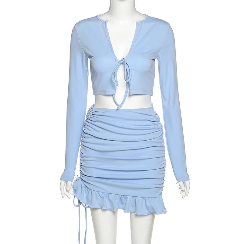 

Autumn Women Sexy Two Pieces Set Lacing Tie Front Top Long Sleeve Top and Skirts Ruffle Drawstring Ruched Outfits