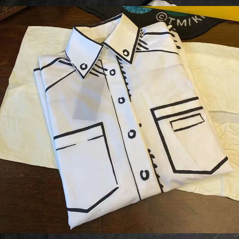 

2021 Autumn Woman's Blouses Button White Shirts Pockets Long Sleeve Casual Loose Simple Blouses