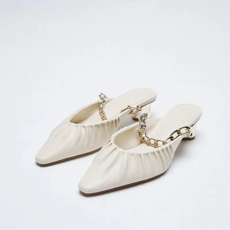 

Meotina Mules Shoes 2021 Chains High Heels Pleated Mules Round Heels Pumps Ladies Shoes Spring Summer White 40