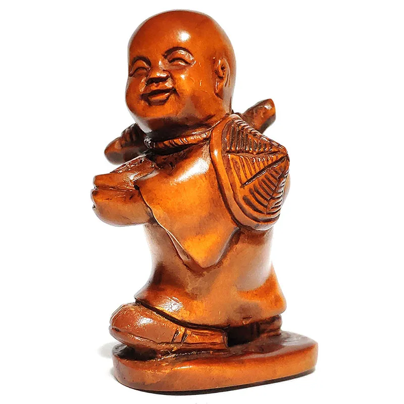 

2-Дюймовая резная вручную скульптура Netsuke из бокса, миниатюрная скульптура счастливого маленького мальчика-# ZY6072