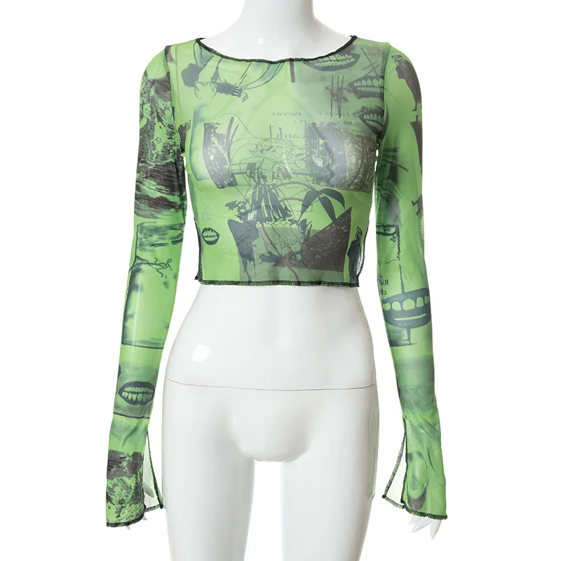 Graphic Green Mesh Sheer T-shirt Sexy Print Long Flare Sleeve Slim Crop Tops Sexy See Trough Women Tops Y2K Vintage Grunge images - 6