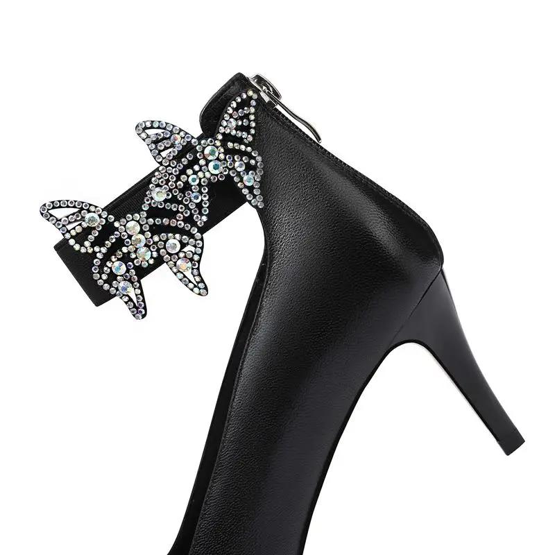 

ALLBITEFO rhinestone bowknot design fashion real genuine leather women heels shoes sexy women pumps club party wedding shoes