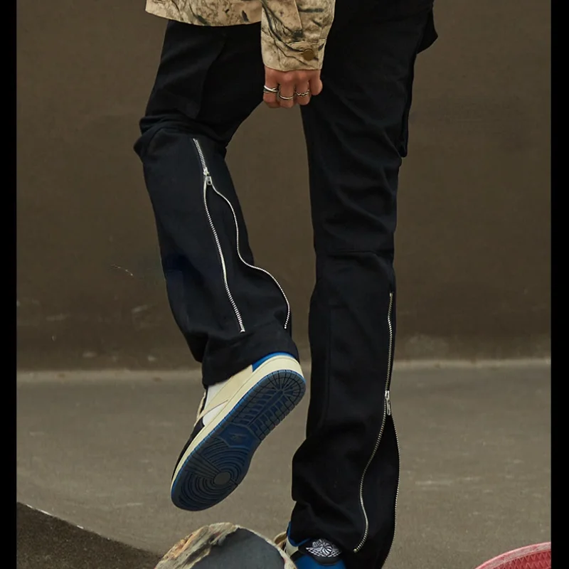 2022 New Arrivals Ankle Zipper Solid Hip Hop Men Cargo Jeans Trousers Side Pocket Black Cotton Straight Denim Pants Ropa Hombre