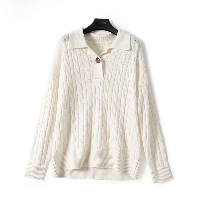 

Women Twist Knit Sweater Lady Turn-Down Collar Long Sleeve Pullover Top with Single Button Female Knitwear Jumpers 2021 New