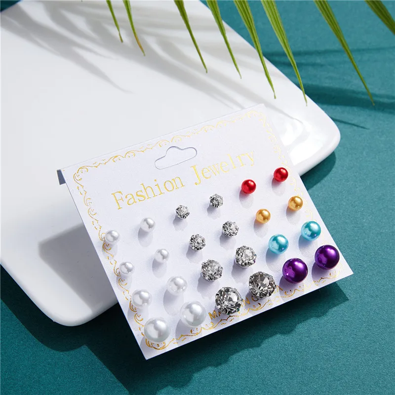 Набор винтажных серег гвоздиков с жемчугом и цирконом 12 пар|Серьги-гвоздики| |