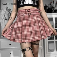 goth vintage plaid pink sashes skirt women harajuku punk grunge pleated skirt summer sexy elegant party high waist skirt