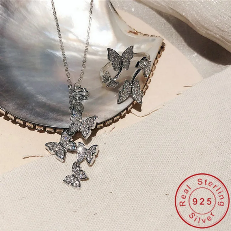 Очарование Наборы украшений с бабочкой 100% реальные 925 серебро вечерние свадебные