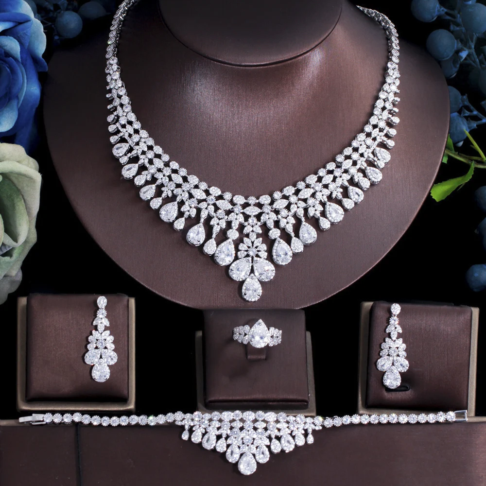ThreeGraces 4 шт. роскошные свадебные вечерние великолепные CZ Кристалл ожерелье браслет серьги кольцо комплект ювелирных изделий для невест TZ660
