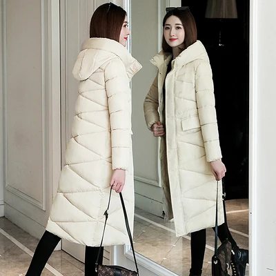 creamy white Женские парки размера плюс 3XL, зимнее теплое пальто с капюшоном, тонкая Базовая куртка с хлопковой подкладкой, Женская Повседневная Длинная Верхняя одежда, новинка - Цвет: creamy white