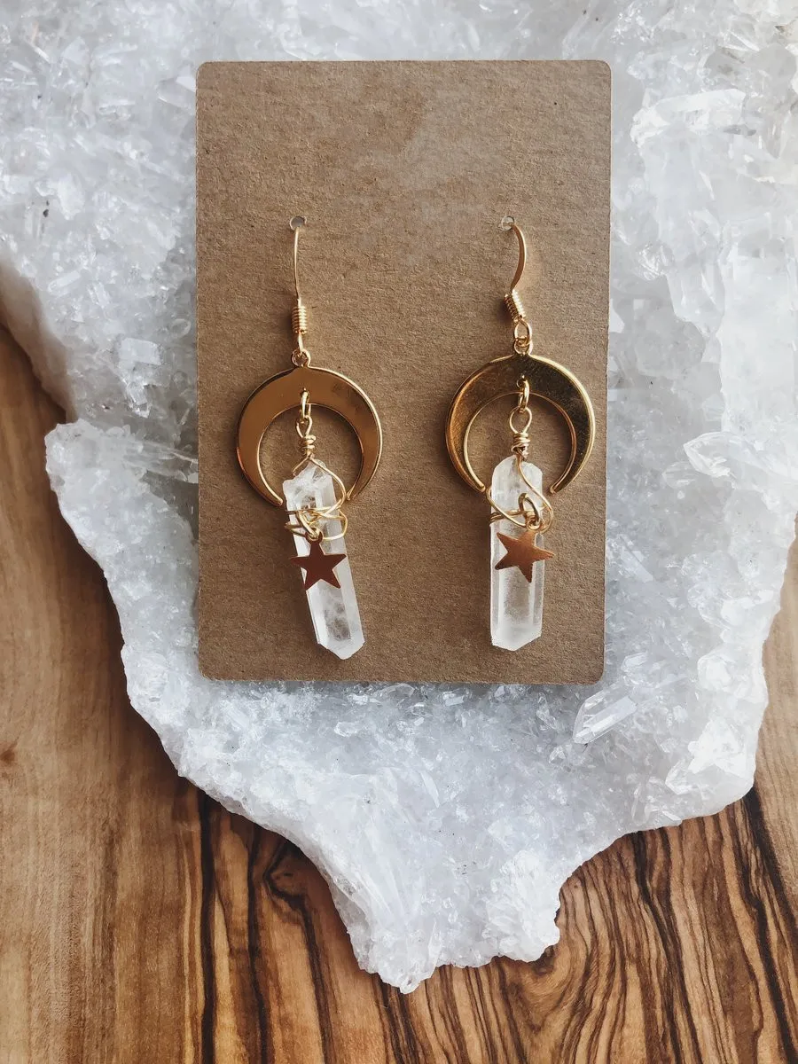 

Aura Quartz, Moon&star Gift,dangle Earrings,Pagan Gift, Wicca Jewelry