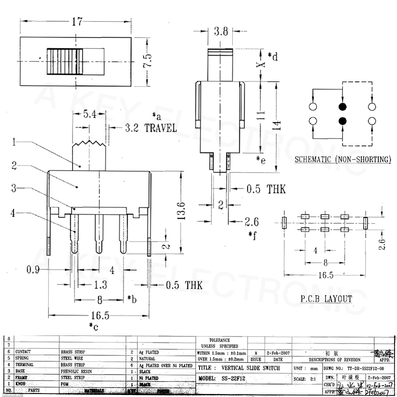 Ручка SS-22F12 (2P2T) 9 мм 2-ступенчатый переключатель 2 фиксированных ножки 6 футов в