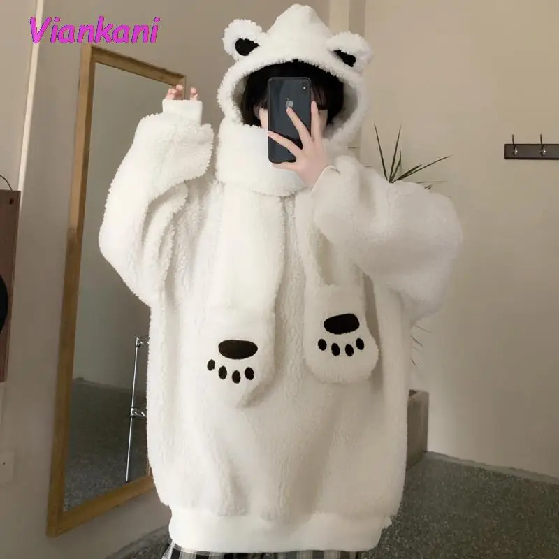 

Kawaii Bear Ear Lamb Women Winter Sweatshirt Bears Footprints Scarf Gloves 2021 Harajuku Casual Loose Coat White Pullover Female