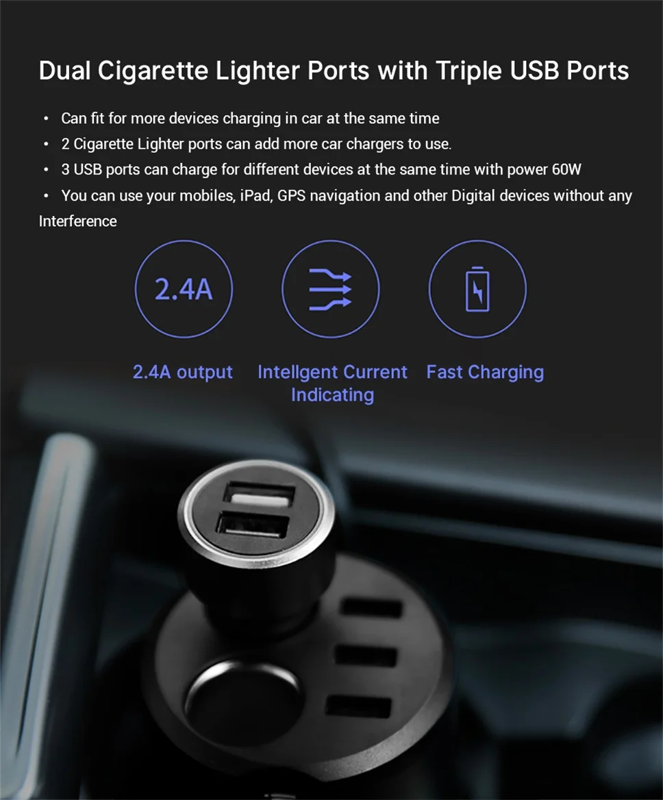 Xiaomi 70mai разветвитель прикуривателя 12V to 24V 4.8A прикуриватель автомобильный адаптер питания xiao mi 70 mai гнездо прикуривателя usb зарядка в авто