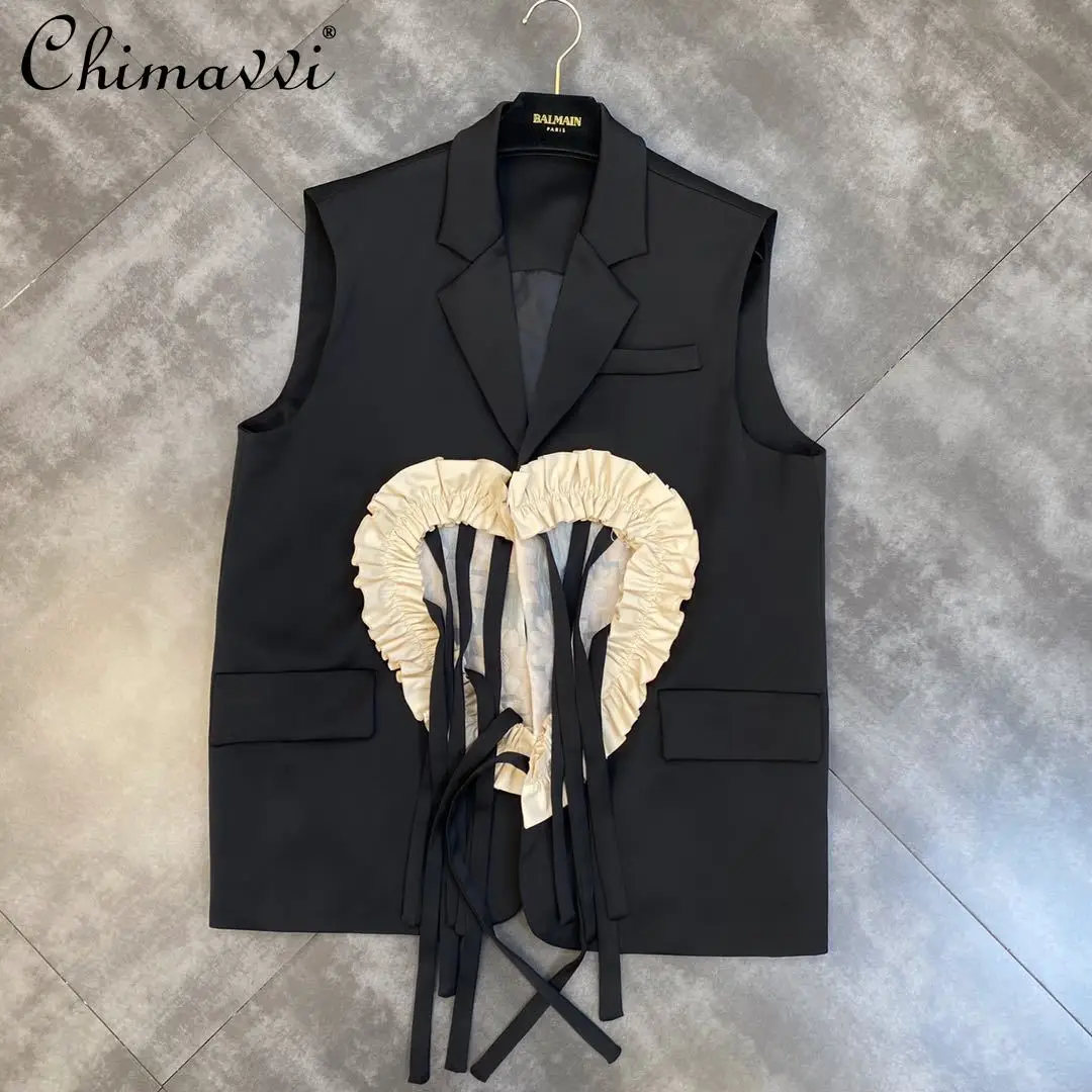 

Женский костюм-жилет без рукавов, черный жилет персикового цвета с кисточками и сердечками, лето-осень 2021