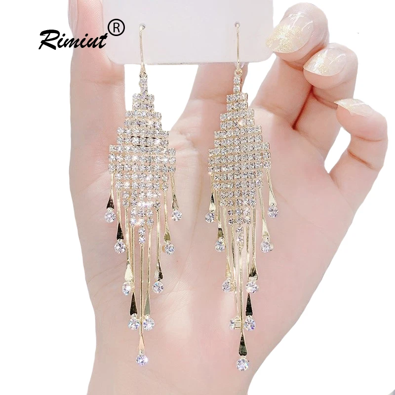 Rimiut-pendientes largos de borla con diamantes de imitación para mujer, aretes de aguja de plata 925, temperamento, pendientes de lujo para fiesta
