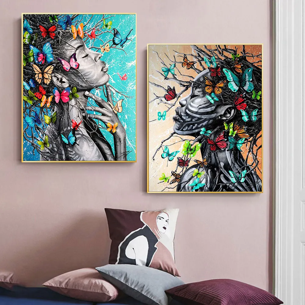 

Street Graffiti Girl Portrait Canvas Painting Abstract Butterfly Branch Wall Art Poster Aesthetic Picture Bedroom Decoration