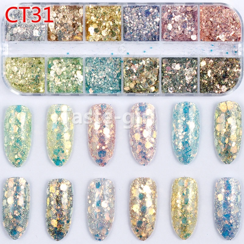 CT31 12 цветов, золотистый, серебристый неправильной формы, алюминиевая фольга, бумага для дизайна ногтей, стикер, 3D блеск, сделай сам, маникюр, УФ-Гель-лак, инструменты для украшения ногтей - Цвет: CT31