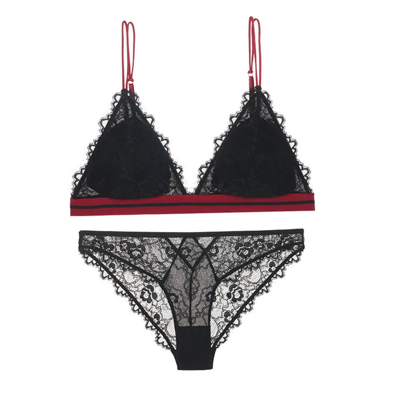 

Summer Sexy Comfortable Breathable Underwear Set Women Without Steel Ring Lace Triangle Cup Bra Set Hollow Sexy Bra
