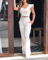 2021 new beige casual suit temperament simple trouser suit flying sleeve zipper crop tops long trousers set 2pcs casual outfit