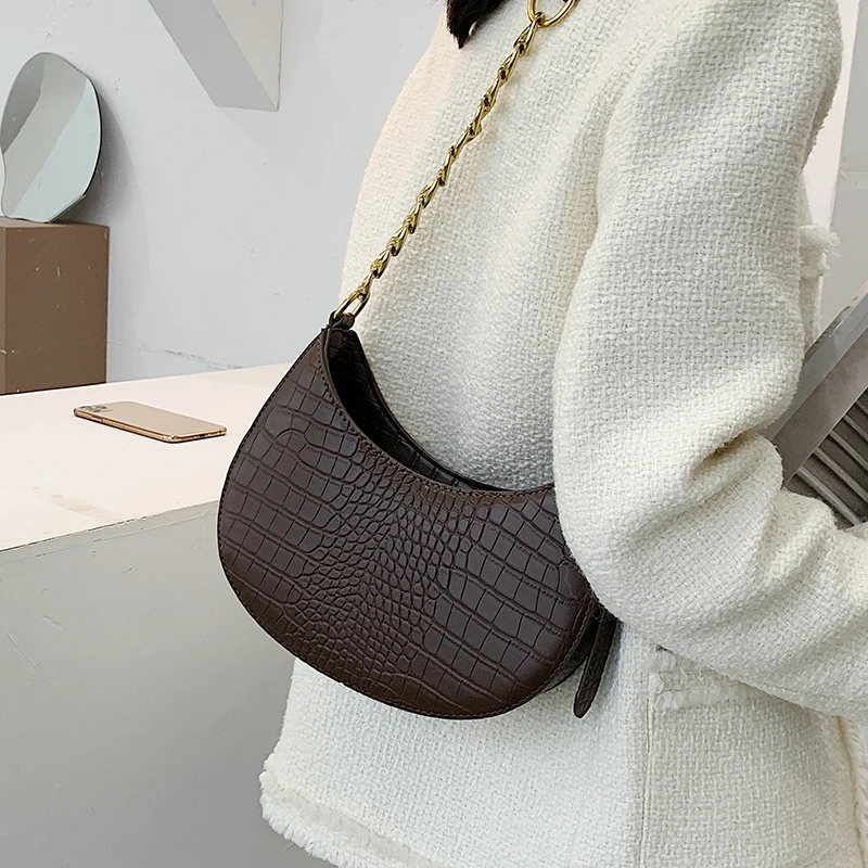 

Crocodile Pattern PU Leather Saddle Bags For Women 2021 Handbags And Purses Female Summer Travel Crossbody Shoulder Bag