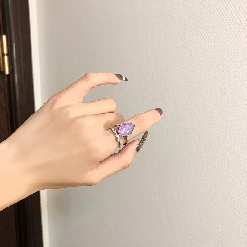 

South Korea's Dongdaemun Niche Design Sweet Water Droplets Shiny Frosted Color Zircon Open Women Ring 2021 Trend New Hangzhi