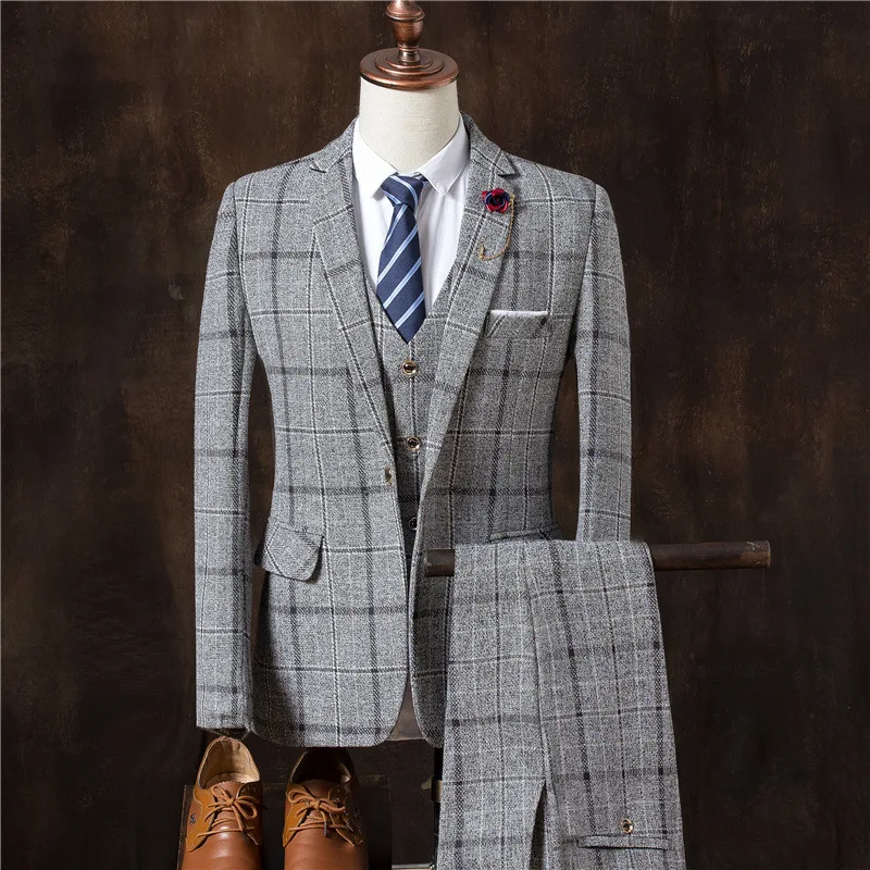 

High Quality In Stock Plaid Ready To Ship Mens Suits 3 Piece Slim Fit Suits for Men Men Wedding Suits 2021