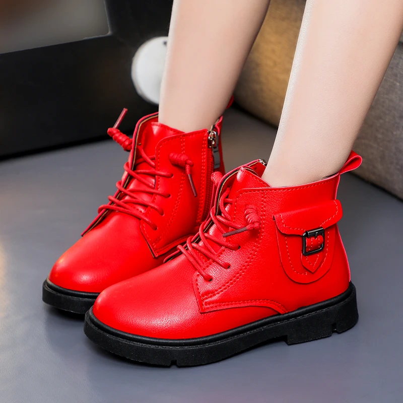 

Girls Fashion Boots Leather Snow Shoes 2021 New Winter Plush Martin Boots Child Velvet Size 25-36