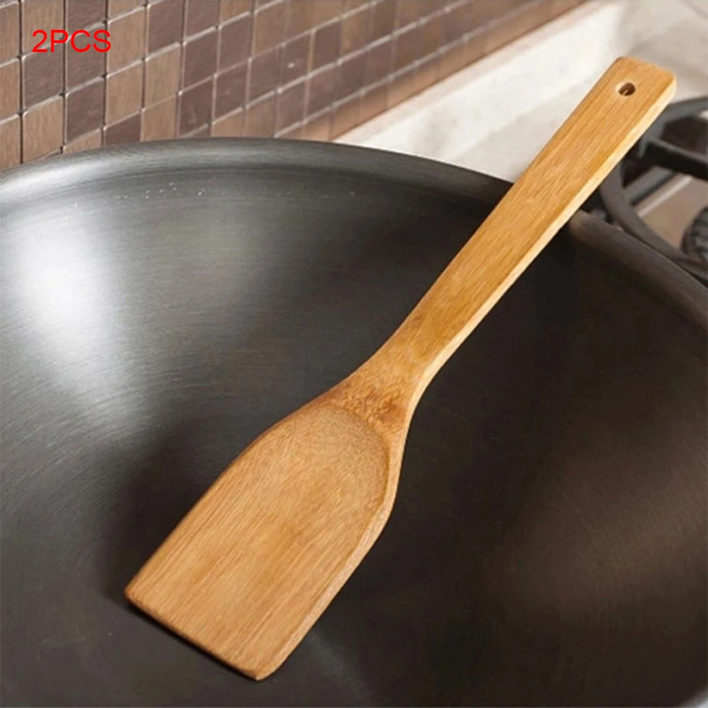 2 Pcs Bamboo Wood Kitchen Spatula Slotted Non-Stick Heat Resistant Cooking Spoon Baking Utensil |