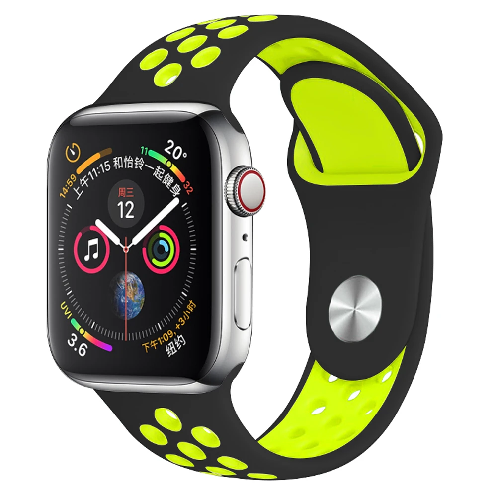 Black Yellow 02 Силиконовый спортивный ремешок для наручных часов Apple watch, ремешок 38 мм 40 мм 42 44 мм наручные браслет, ремешок для наручных часов iWatch серии 4/3/2/1 женские полос - Цвет ремешка: Black Yellow 02