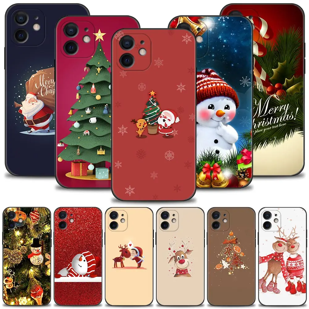 

Phone Case For iPhone 13 12 11 Pro Max 13 12 Mini XS XR X 8 7 6s 6 Plus Black Cover Silicone Shell Christmas Santa Reindeer Tree