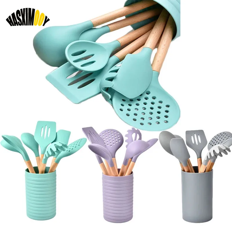 

Набор кухонной утвари с силиконовой деревянной ручкой, Тернер, ложка для супа, лопатка, скребок, антипригарная паста, 7 шт., кухонные принадле...