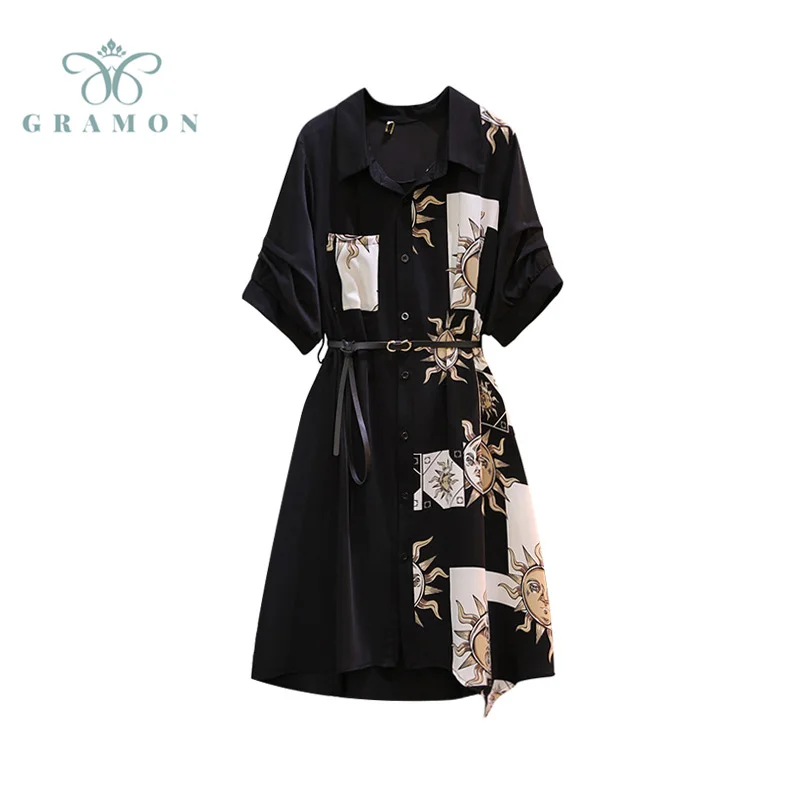 

Women Chic Dresses 2021 Turn Down Collar New Print Dress With Sashes Plus Size Summer Half Sleeve Mid Calf Shirt Dress Female