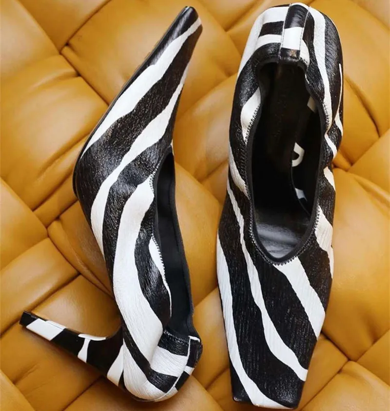 

New Fashion Catwalk Stripe Elastic High Heels Soft Leather Square Toe Temperament Women's Single Shoes Supper High Pumps
