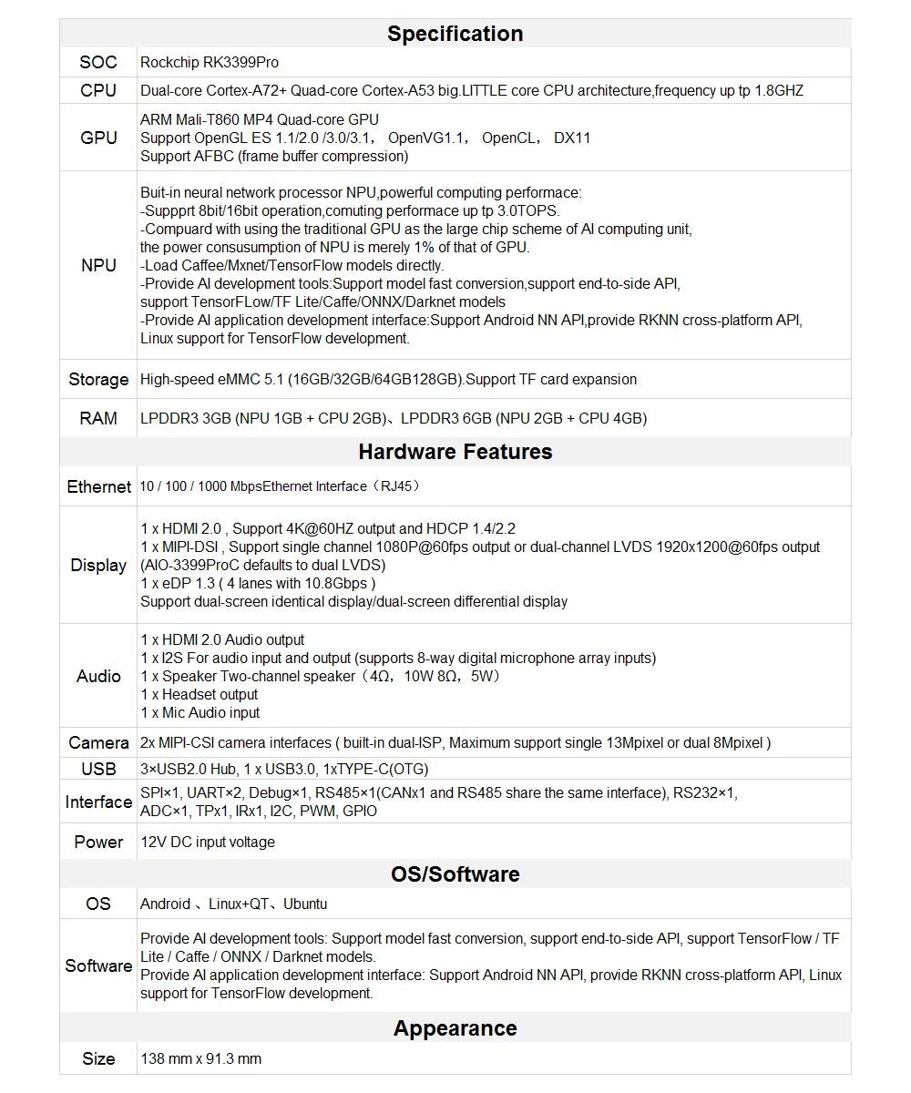 Одноплатный компьютер Firefly AIO-3399ProC RK3399Pro для Aiot Cortex-A72 Cortex-A53 LPDDR3 Linux + QT/Android/Ubuntu sbc -