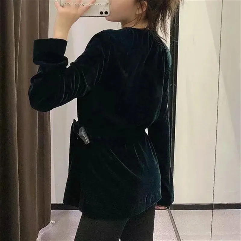 

Za Green Velvet Tops Women 2020 Long Sleeve V Neck Vintage Double Breasted Long Blouse Woman Fall Winter Belt Ladies Tops