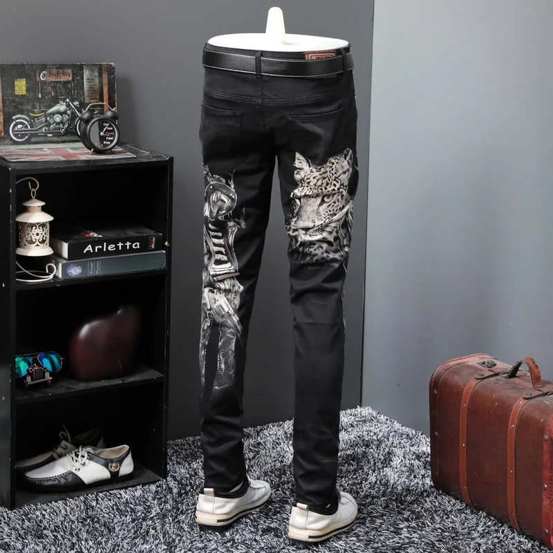 Black Fashion Printed Jeans Men Personalized Slim Fit Street Trousers Casual Elastic Straight Denim Pants Male Club Jeans