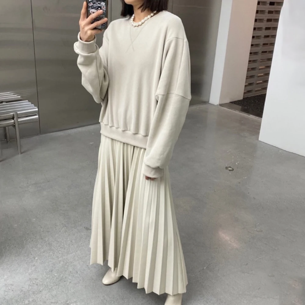 

Dress Japanese Style Korean Fashion 2021 Autumn Winter New Womens Retro Splicing Pleated Solid Color Round Neck Solid Color