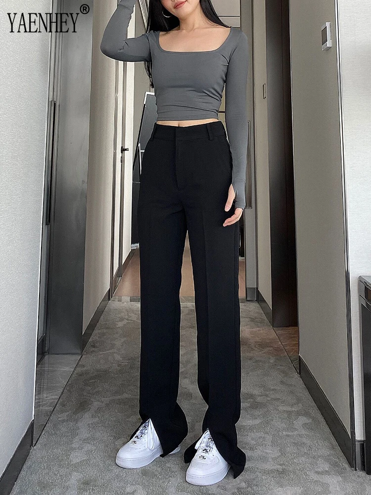 

Женские брюки-клеш с разрезом, черные однотонные прямые брюки в винтажном стиле, офисная одежда в полную длину для работы, в Корейском стиле,...