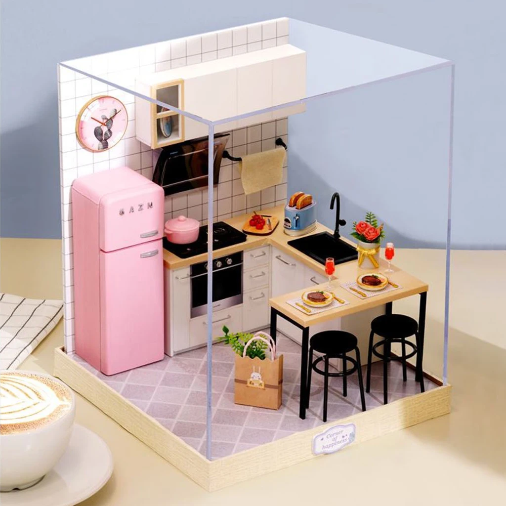 

1:24 DIY Wooden Doll House Handcraft Miniature Kitchen Puzzle Kit Kids Gifts