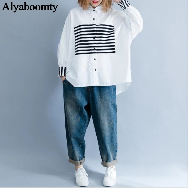 2021 размера плюс Сезон весна осень Женская блузка в полоску с рисунком из кусков