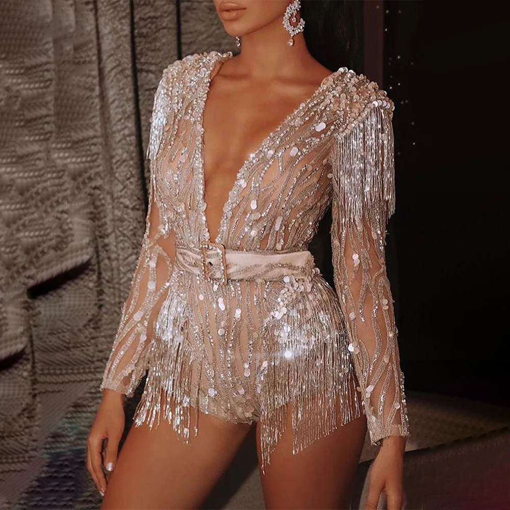 Женский комбинезон с кисточками и блестками в европейском американском стиле