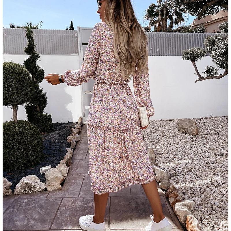 

Women Vintage Dresses 2021 Summer Elegant High Waist Ruffle Lady Casual Dress V-Neck Floral Printed Puff Sleeve Female Dress