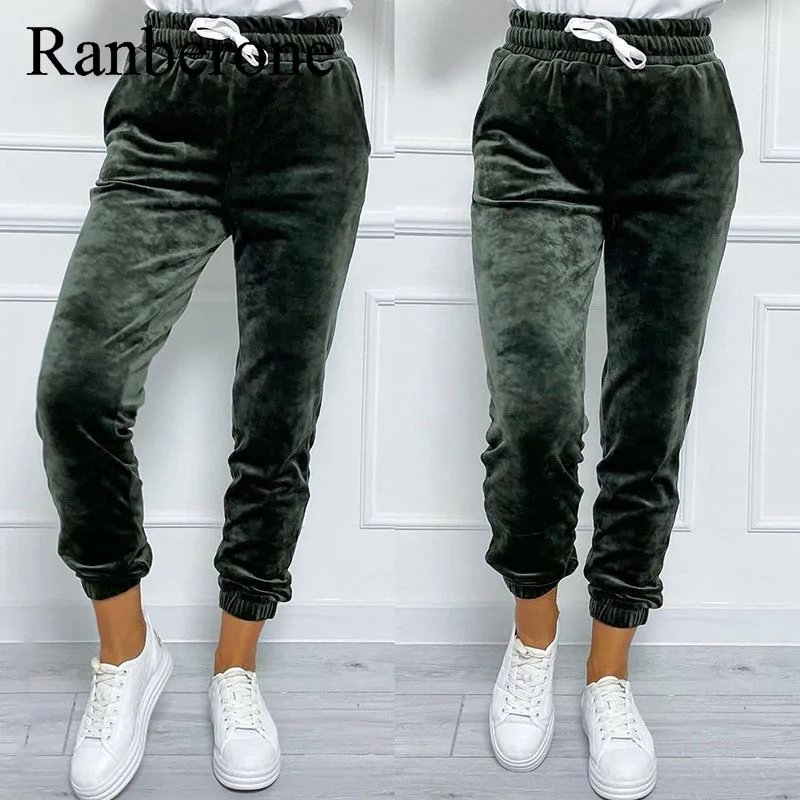 

Ranberone Office Lady Velvet Women Pants Autumn Winter Casual Tight Ladies Sweatpants Suit Fashion High Waist Pocket Trouser