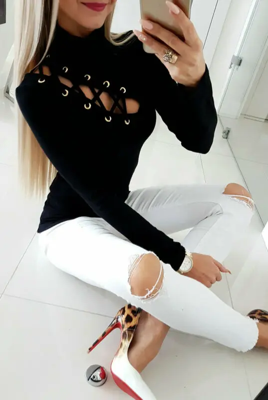 

Goocheer Womens Slim Fit T-Shirt Long Sleeve Crop Tops Tee Shirts Stretch Fashion Ribbon Cross design Lady T-shirt