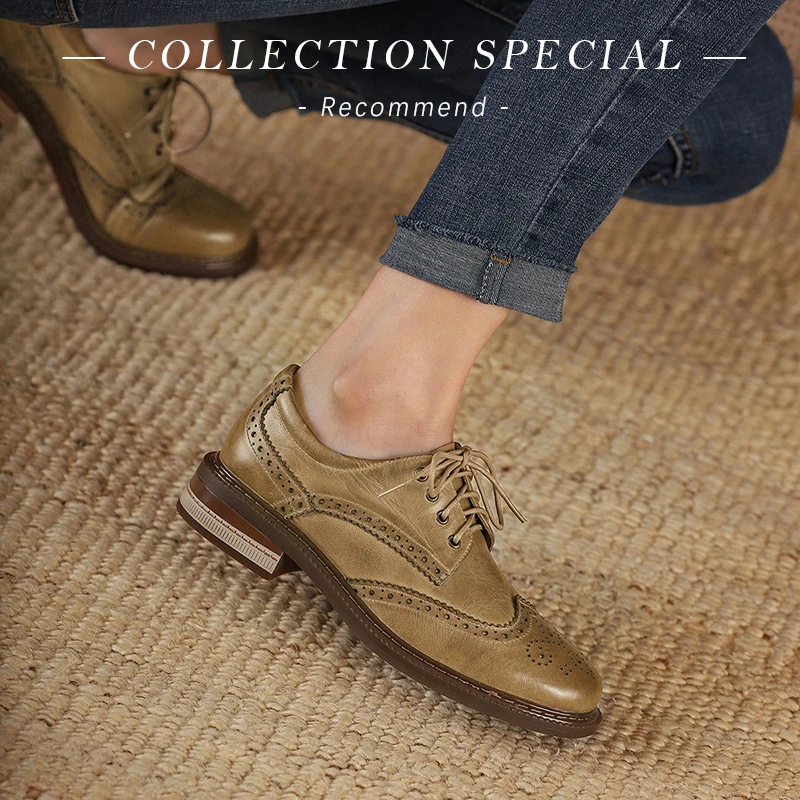 

【JOCHEBED HU】Autumn Spring Women Oxford Flats Shapes Genuine Leather Office Outsole Mole Female Ballet Derby Shoes Ladies 33-40