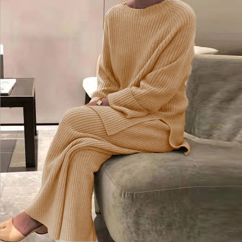 

Autumn Women Cozy Pajama Sets Elegant O Neck Pullover Knit Pajamas For Lady Casual Solid Color Looses Two Pieces Sets Sleepwear