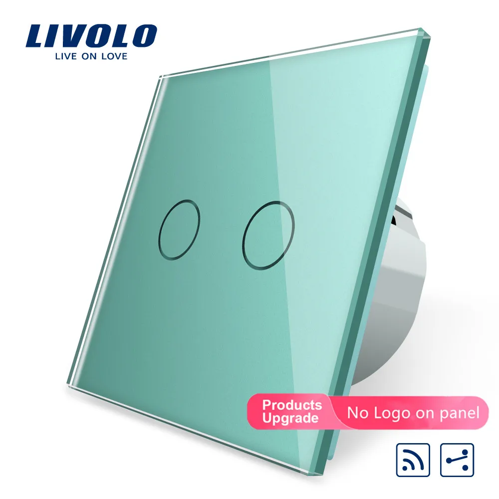 Green-No logo Livolo ЕС Стандартный сенсорный пульт дистанционного управления, белая кристальная стеклянная панель, 2 банды, 220~ 250 В, C702SR-11, без пульта дистанционного управления, без логотипа - Цвет: Green-No logo