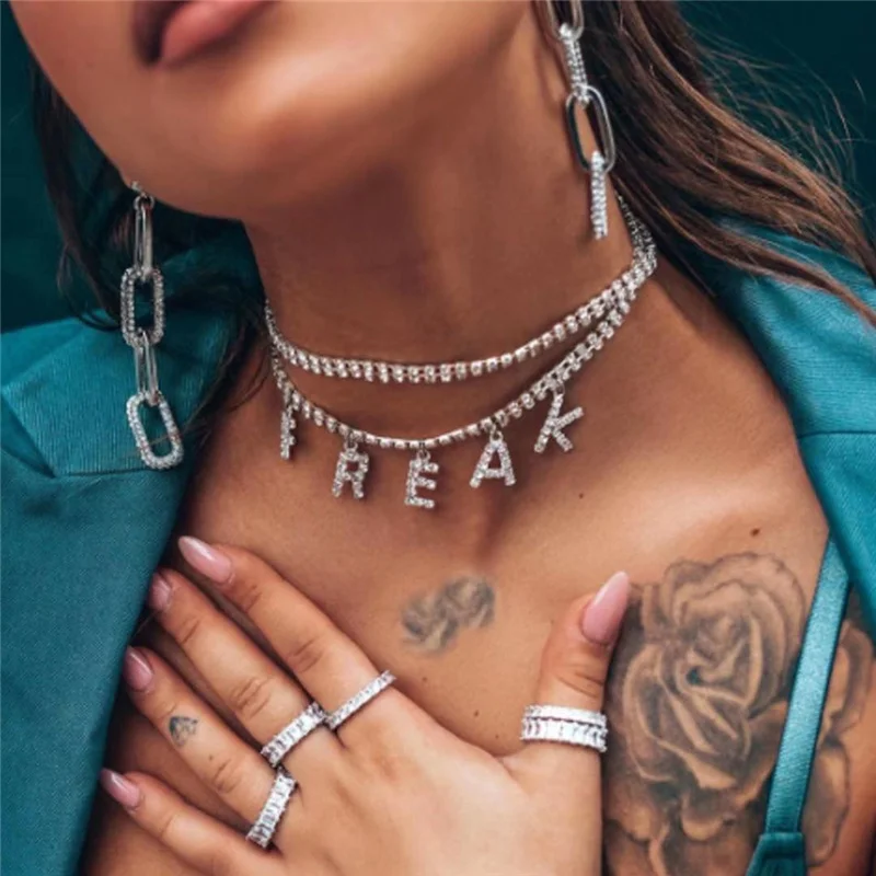 

Fashion sexy women DIY letter necklace shiny Rhinestone Crystal double row Necklace clavicle chain jewelry accessories wholesale