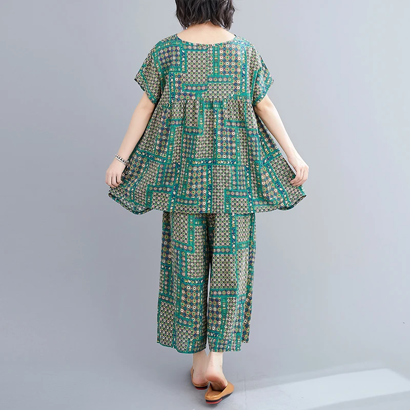 

2020 new summer fashion Fine flower printing large size women's short-sleeved shirt + wide leg pants cotton and linen two-piece